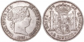 Isabel II. 2 Escudos. AR. Madrid. 1867. 25.68g. Cal.204. Algo sucia. MBC-.