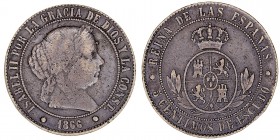 Isabel II. 5 Céntimos de Escudo. AE. Barcelona. 1866. Sin OM bajo el escudo. Cal.622. Golpecito en canto. Muy escasa. MBC-.