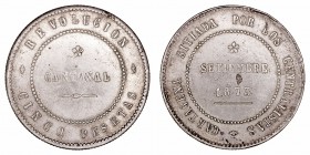 Revolución Cantonal. 5 Pesetas. AR. Cartagena. 1873. Reverso no coincidente. 29.46g. Cal.6. Hoja en reverso. MBC.