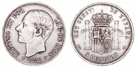 Alfonso XII. 5 Pesetas. AR. 1882/1 *18-81 MSM. 24.84g. Cal.34 vte. Escasa. BC+.