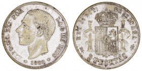 Alfonso XII. 2 Pesetas. Latón. 1882 *??-87. Falsa de época. 9.95g. Barrera 1030. Bonita pieza en latón plateado. MBC+.