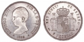 Alfonso XIII. 5 Pesetas. AR. 1888 *18-88 MPM. 24.91g. Cal.13. Conserva restos de brillo original, muy atractiva pieza. Muy escasa así. EBC+/SC-.