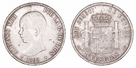 Alfonso XIII. 5 Pesetas. AR. 1890 *18-90 PGL. Falsa de época. No coincidente. 24.90g. Barrera 1282. MBC.