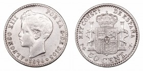 Alfonso XIII. 50 Céntimos. AR. 1896 *9-6 PGV. 2.48g. Cal.60. MBC.