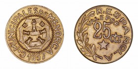 II República. 25 Céntimos. AE. 1937. C. Municipales de Menorca. 2.16g. Cal.12. EBC-.