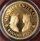 Juan Carlos I. 80000 Pesetas. AV. 1989. Quinto Centenario. Serie I (oro de 999 milésimas). 27.00g. En estuche original, encapsulado y con certificado....