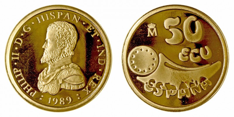 Juan Carlos I. 50 Ecu. AV. 1989. Felipe II. 1/2 onza troy (15.55g) de oro fino. ...