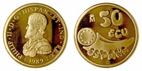 Juan Carlos I. 50 Ecu. AV. 1989. Felipe II. 1/2 onza troy (15.55g) de oro fino. 17.27g. En estuche original y con certificado. FDC.