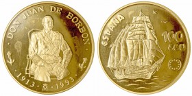 Juan Carlos I. 100 Ecu. AV. 1993. Don Juan de Borbón. Una onza troy (31.10g) de oro fino. 34.55g. En estuche original, encapsulado y con certificado. ...