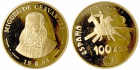 Juan Carlos I. 100 Ecu. AV. 1994. Cervantes-Don Quijote. Una onza troy (31.10g) de oro fino. 34.55g. En estuche original, encapsulado y con certificad...