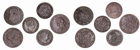 Lotes de Conjunto. AE. Lote de 6 monedas. 8 Maravedís 1827 Segovia (Fdo. VII), 2 1/2 Céntimos 1868 Sevilla (Isabel II), 5 Céntimos 1870 y 1879, 10 Cén...