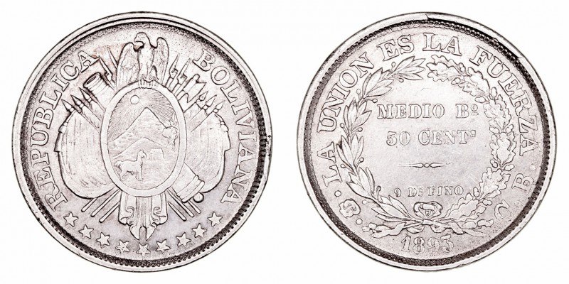 Bolivia. 1/2 Boliviano. AR. Potosí CB. 1893. 11.47g. KM.161.5. Golpecito en cant...