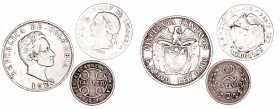Colombia. AR. Lote de 3 monedas. 2 Centavos 1921 Lazareto, 2 Décimos 1874 y 50 Centavos 1922. MBC- a BC-.