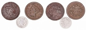 Estados Unidos. AE. Lote de 3 monedas. Cent 1843 y 1853 y 3 Cents 1865. BC+ a RC.