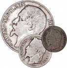 FranciaNapoleón III. AR. Lote de 3 monedas. 50 Cents 1865 K, Franco 1866 A y 5 Francos 1852 A. BC+ a BC-.