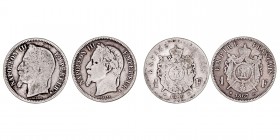 FranciaNapoleón III. Franco. AR. Lote de 2 monedas. 1867 A y 1869 A. MBC- a BC.