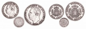 India PortuguesaLuis I. AR. Lote de 3 monedas. 1/8 Rupia 1881, 1/2 Rupia 1881 y Rupia 1882. MBC+ a MBC-.