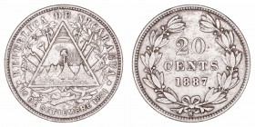 Nicaragua. 20 Centavos. AR. 1887 H. 4.87g. KM.7. MBC-.