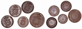 Portugal. AE. Lote de 5 monedas. 3 Reis 1875, 5 Reis 1868, 1874 y 1875, 10 Reis 1873. MBC a BC.