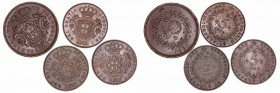 Portugal. AE. Lote de 4 monedas. Acuñaciones para Azores. 5 Reis 1865 y 1880 (2), 10 Reis 1901. MBC+ a MBC-.