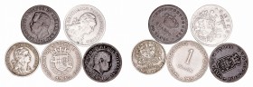 Portugal. AE. Lote de 5 monedas. Cabo Verde 50 Centavos 1930, Guinea Escudo 1933, India 1/4 Tanga 1881 y 1901, Santo Tomé y Príncipe Escudo 1939. MBC ...