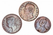 Lotes de Conjunto. AE. Lote de 3 monedas. Sarawak Cent 1870, Straits Settlements Cent 1872 y Tailandia Att (1895). MBC- a BC.