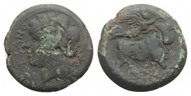 Northern Campania, Suessa Aurunca, c. 265-240 BC. Æ (19mm, 5.61g, 5h). Laureate head of Apollo l.; K to r. R/ Man-headed bull standing r.; above, Nike...