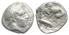 Southern Campania, Neapolis, c. 320-300 BC. AR Obol (8.5mm, 0.52g, 6h). Male head r., hair bound with taenia. R/ Herakles kneeling r., strangling Neme...