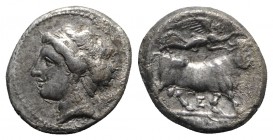 Southern Campania, Neapolis, c. 275-250 BC. AR Didrachm (20mm, 7.18g, 1h). Female head l.; quiver(?) behind. R/ Man-faced bull r., crowned by Victory;...