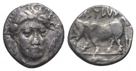 Southern Campania, Phistelia, c. 405-400 BC. AR Didrachm (19mm, 6.69g, 9h). Female head facing slightly r. R/ Man-headed bull standing l.; in exergue,...