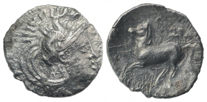 Northern Apulia, Arpi, c. 325-275 BC. AR Diobol (11mm, 0.87g, 9h). Head of Athen...