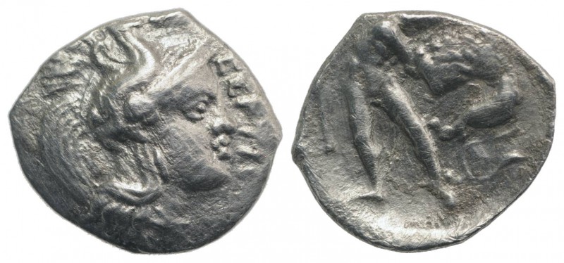 Northern Apulia, Arpi, c. 325-275 BC. AR Diobol (12mm, 0.88g, 12h). Helmeted hea...