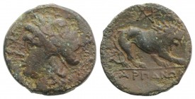 Northern Apulia, Arpi, c. 325-275 BC. Æ (19mm, 4.65g, 7h). Laureate head of Apollo l. R/ Lion standing r.; pentagram above. HNItaly 639; SNG ANS -; SN...