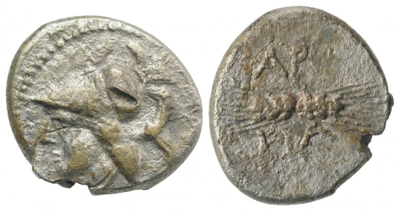 Northern Apulia, Arpi, c. 215-212 BC. AR Diobol (12mm, 1.26g, 1h). Head of Athen...