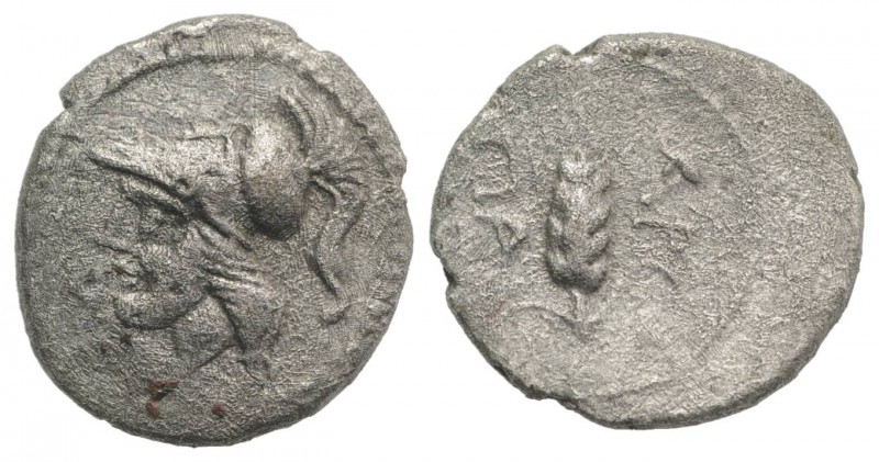 Northern Apulia, Arpi, c. 215-212 BC. AR Obol (10mm, 0.63g, 3h). Head of Athena ...