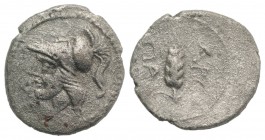 Northern Apulia, Arpi, c. 215-212 BC. AR Obol (10mm, 0.63g, 3h). Head of Athena l. wearing Corinthian helmet. R/ Barley-ear. HNItaly 648; SNG ANS -. P...