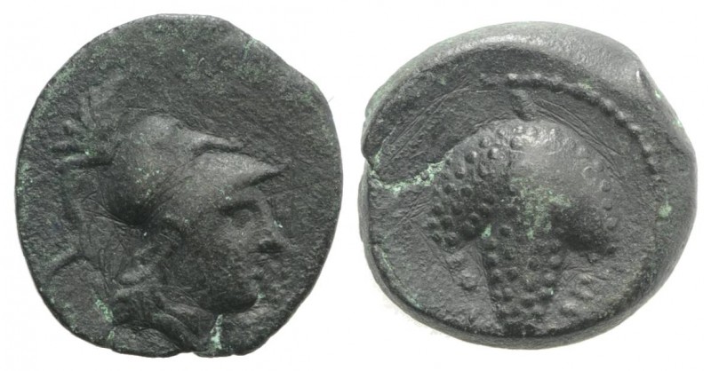 Northern Apulia, Arpi, c. 215-212 BC. Æ (14mm, 2.87g, 9h). Helmeted head of Athe...