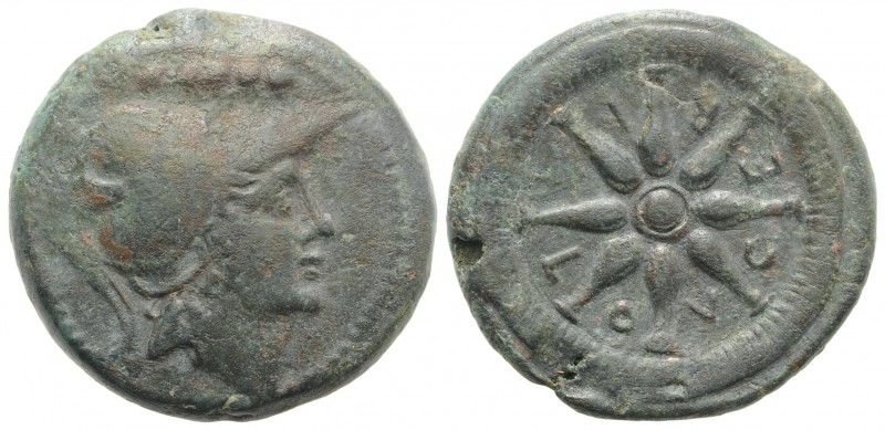 Northern Apulia, Luceria, c. 211-200 BC. Æ Quincunx (27mm, 16.75g). Helmeted hea...