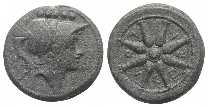 Northern Apulia, Luceria, c. 211-200 BC. Æ Quincunx (26mm, 15.21g). Helmeted hea...