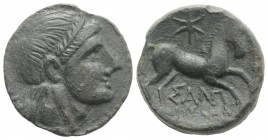 Northern Apulia, Salapia, c. 225-210 BC. Æ (20.5mm, 7.98g, 1h). Laureate head of Apollo r. R/ Horse prancing r.; star above. HNItaly 692c; SNG Copenha...