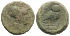 Northern Apulia, Teate, c. 225-200 BC. Æ Teruncius (22mm, 15.45g, 1h). Helmeted head of Athena r. R/ Owl standing r., head facing; three pellets below...