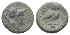 Northern Apulia, Teate, c. 225-200 BC. Æ Uncia (15mm, 3.97g, 6h). Helmeted head of Athena r. R/ Owl standing r., head facing; pellet below. HNItaly 70...