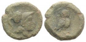 Northern Apulia, Teate, c. 225-200 BC. Æ Uncia (16mm, 4.48g, 6h). Helmeted head of Athena r. R/ Owl standing r., head facing; pellet below. HNItaly 70...