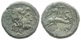 Southern Apulia, Brundisium, c. 2nd century BC. Æ Semis (18mm, 6.40g, 12h). Wreathed head of Neptune r.; to l., Victory, crowning him with wreath; tri...