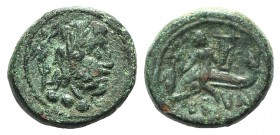 Southern Apulia, Brundisium, 2nd century BC. Æ Quadrans (14mm, 3.80g, 7h). Wreathed head of Neptune r.; behind, Nike standing r. on trident, crowning ...