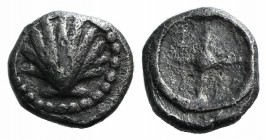 Southern Apulia, Tarentum, c. 480-470 BC. AR Litra (8mm, 0.72g). Cockle shell. R/ Wheel of four spokes. Vlasto 1108-11; HNItaly 835. Scarce, near VF