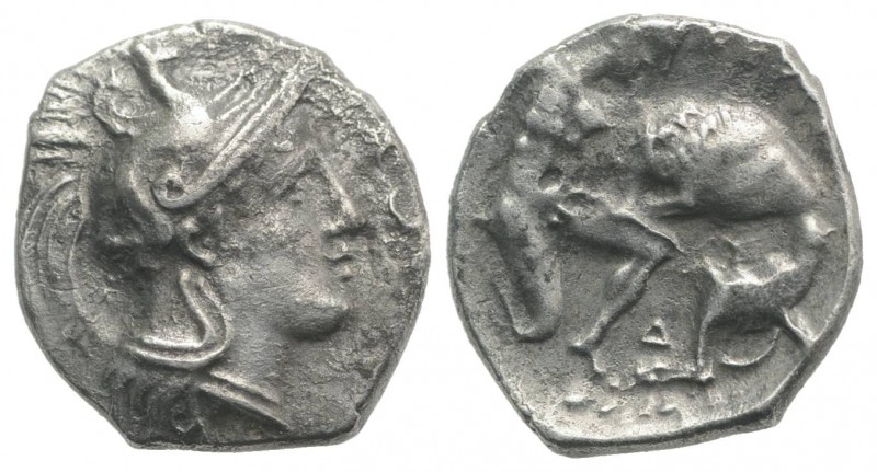 Southern Apulia, Tarentum, c. 380-325 BC. AR Diobol (10.5mm, 1.05g, 12h). Helmet...