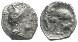 Southern Apulia, Tarentum, c. 380-325 BC. AR Diobol (10.5mm, 1.05g, 12h). Helmeted head of Athena r., helmet decorated with hippocamp. R/ Herakles kne...