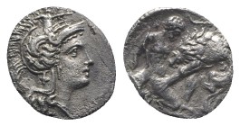 Southern Apulia, Tarentum, c. 380-325 BC. AR Diobol (11mm, 1.12g, 3h). Head of Athena r., wearing crested helmet decorated with Skylla. R/ Herakles kn...