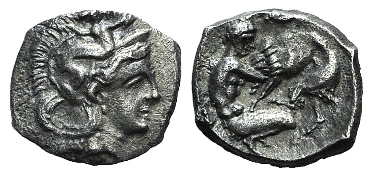 Southern Apulia, Tarentum, c. 380-325 BC. AR Diobol (12mm, 1.06g, 4h). Head of A...